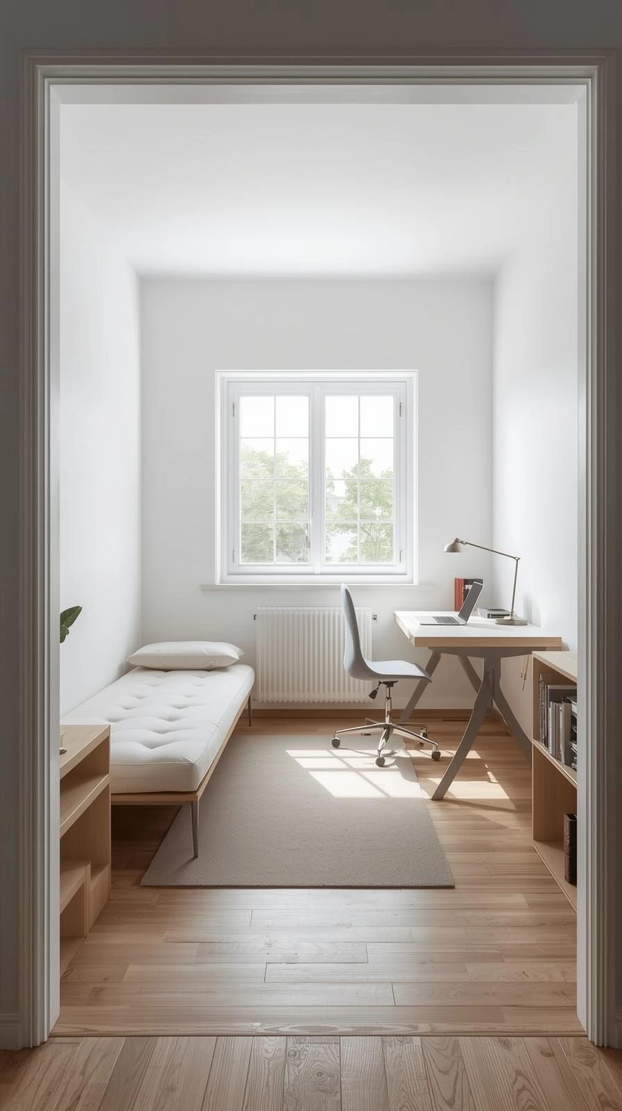 Small office with an L-shaped layout featuring a corner daybed and desk forming a compact work-rest zone.