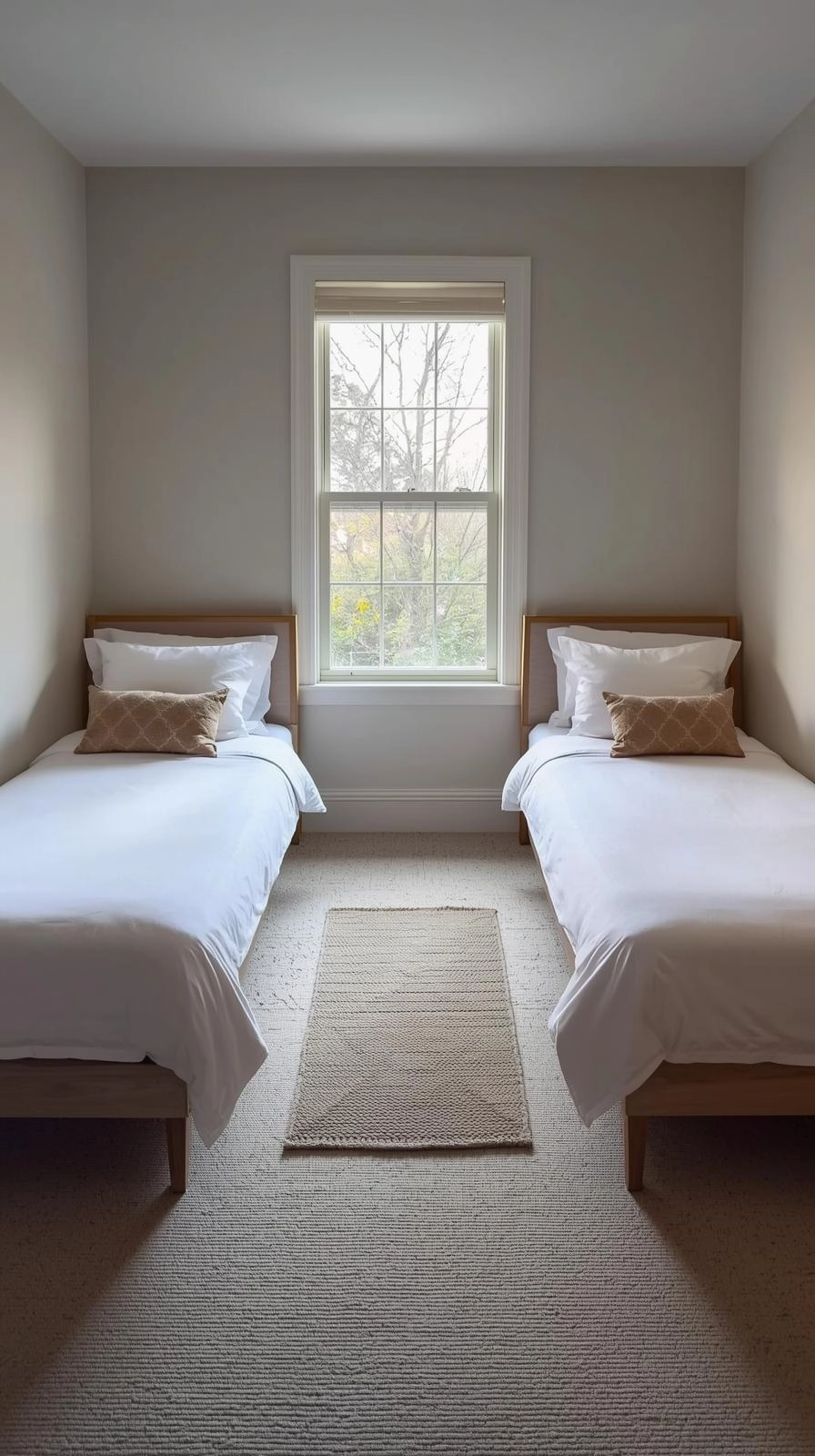 Twin beds in one room ideas with L-shaped corner placement, creating open floor space and balanced shared design.