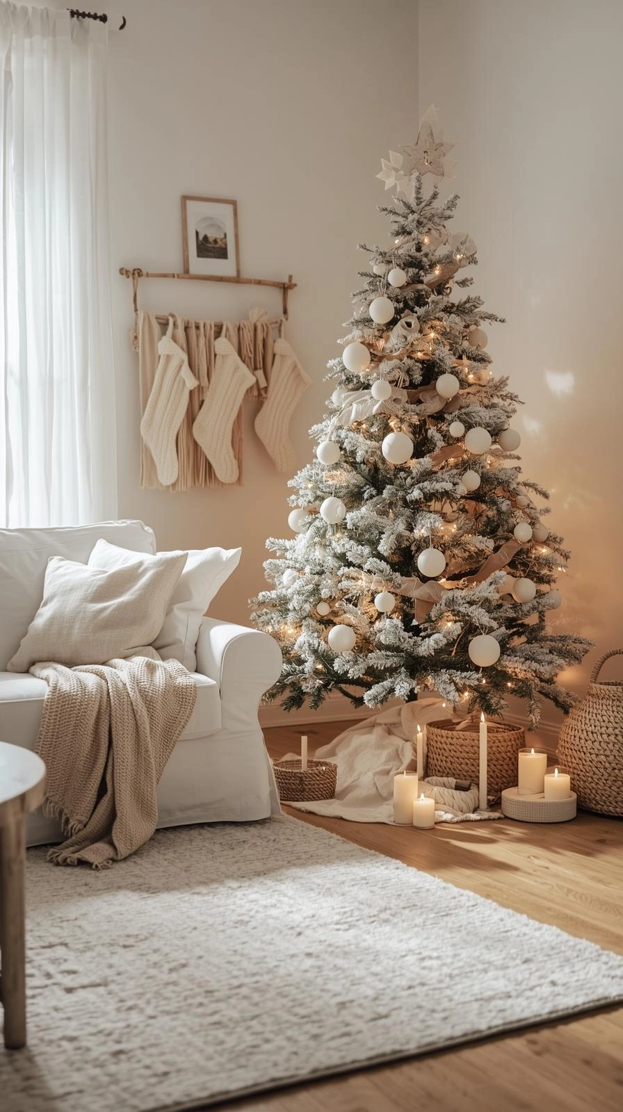 Boho Christmas decor with a neutral base featuring a beige rug, cream walls, and simple tree ornaments for a calm holiday look.