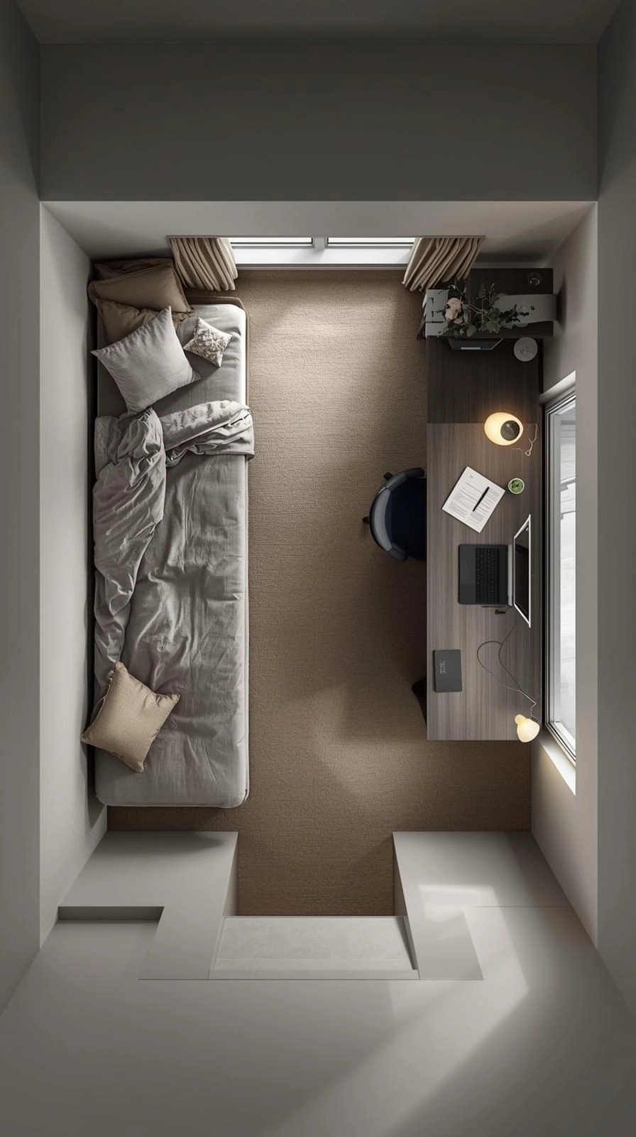 Small office with daybed and desk placed parallel on opposite walls, leaving open space in the middle.