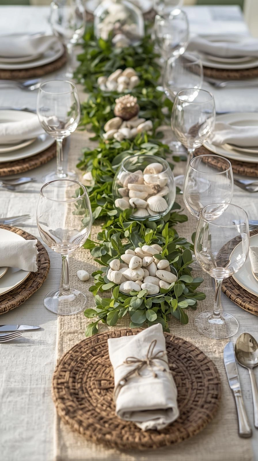 Fun natural table settings ideas with seashells and smooth pebbles scattered along a greenery runner on a summer dining table.