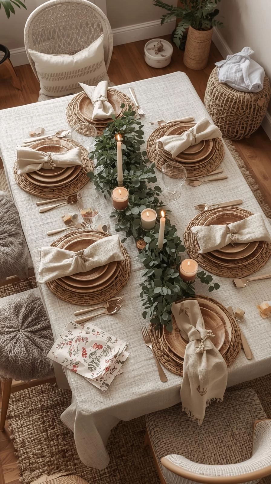 Boho Christmas decor in a relaxed dining area with linen tablecloth, natural wood plates, greenery, and candles for a cozy holiday meal.