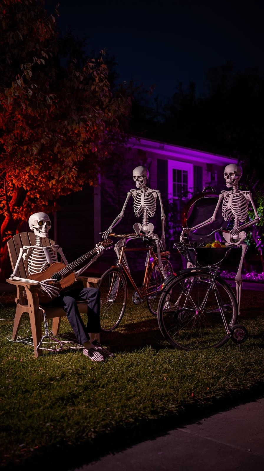 Halloween yard displays with skeletons riding bikes, grilling, and playing instruments in a spooky front yard.