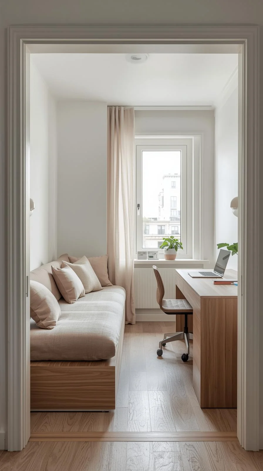 Small office with daybed against the longest wall and a desk near the window for a clean, functional layout.