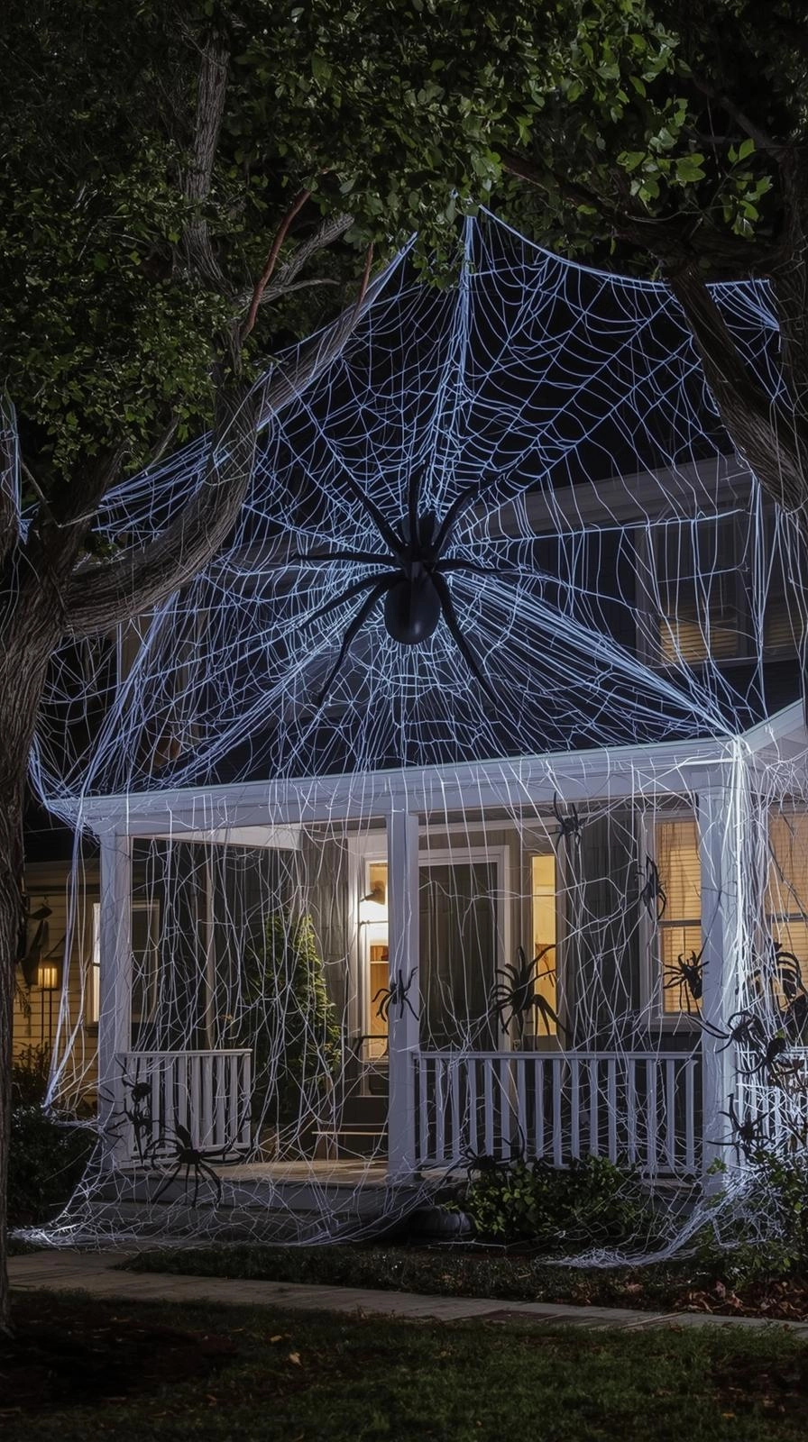 Halloween yard displays with giant spider webs, glowing lights, and large spiders across trees and fences.