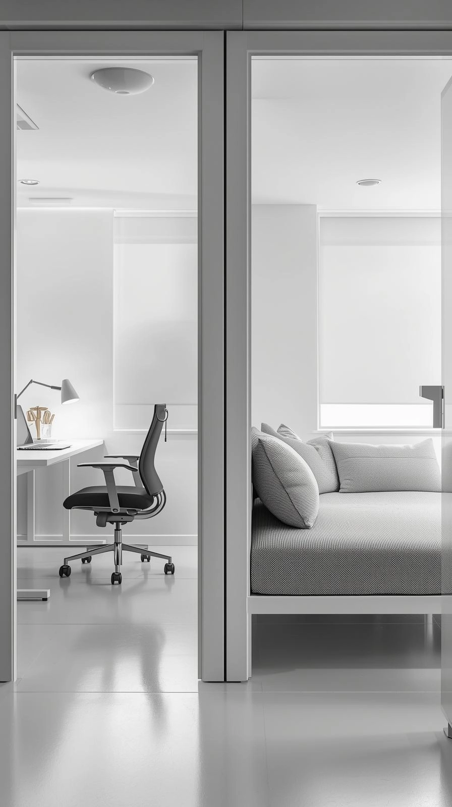 Small office with studio-style layout where a daybed acts as a divider between the desk and rest area.