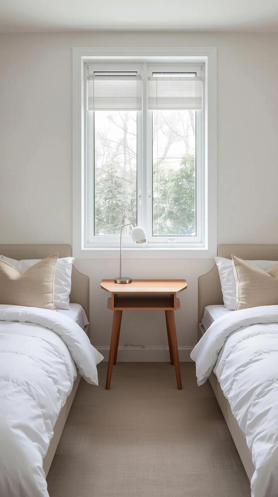 Twin beds in one room ideas with a desk between them, creating a shared study space while keeping the room neat and balanced.