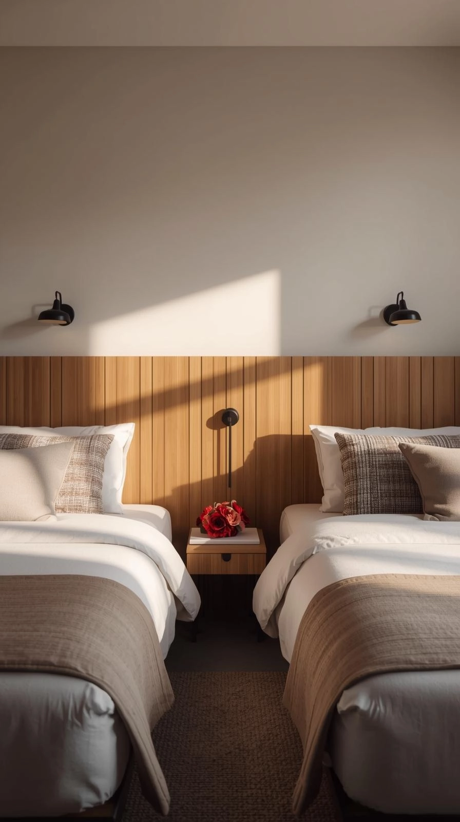 Twin beds in one room ideas with a shared headboard wall, creating a unified design with balanced lighting and modern style.