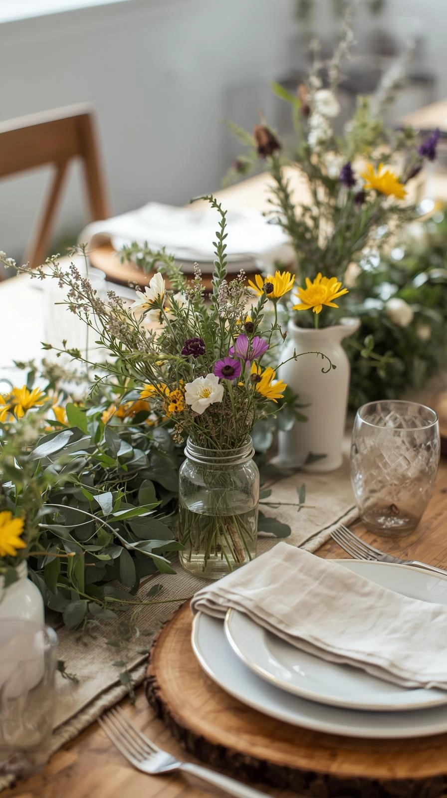 Fun natural table settings ideas with colorful wildflowers in clear glass jars creating a casual and welcoming dining table centerpiece.
