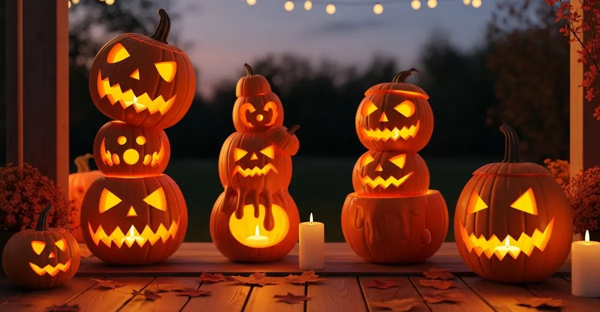 Crazy pumpkin carving ideas with creative and funny designs glowing on a porch at Halloween night.