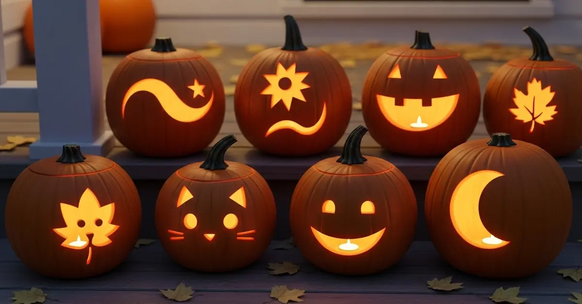 Carved pumpkins on a porch at dusk showing easy and unique pumpkin carving ideas with soft glows.